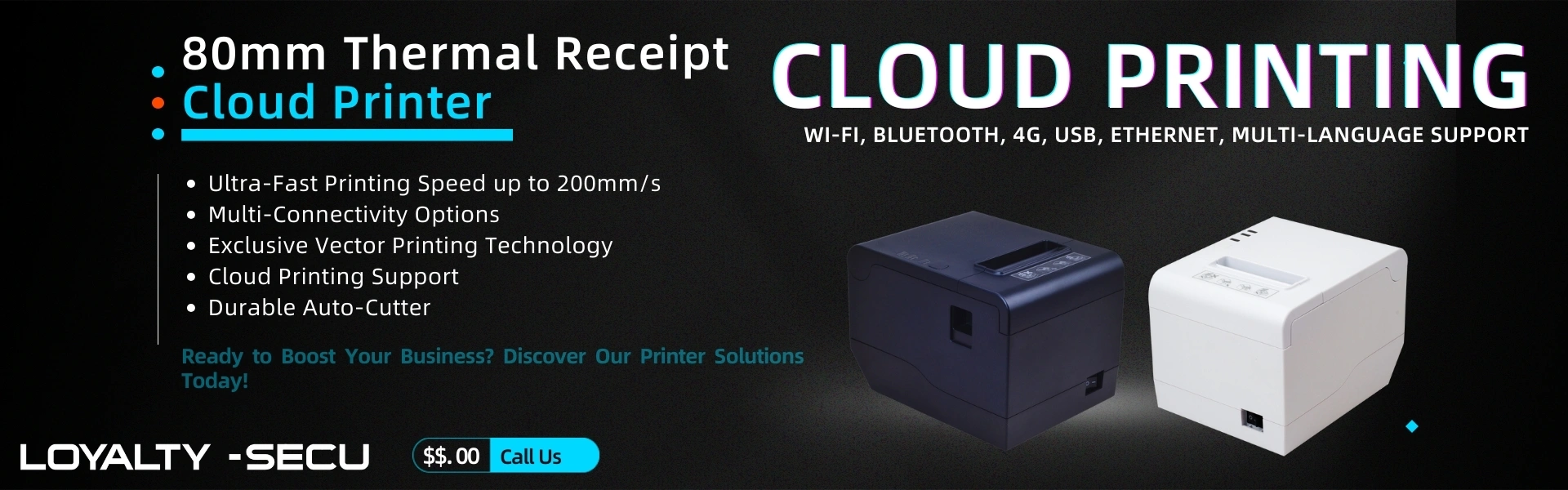80mm Thermal Cloud Receipt POS Printer Wi-Fi, Bluetooth, 4G, USB, Ethernet, Multi-Language Printing Support