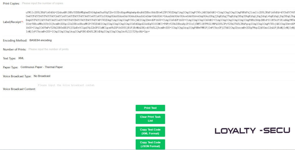 LOYALTY-SECU Releases New HTML Cloud Printing Demo Tool for Print Servers & Thermal Printers XML JSON ESC
