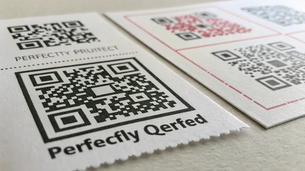 close-up of a perfectly printed QR code versus a blurry unscannable QR code